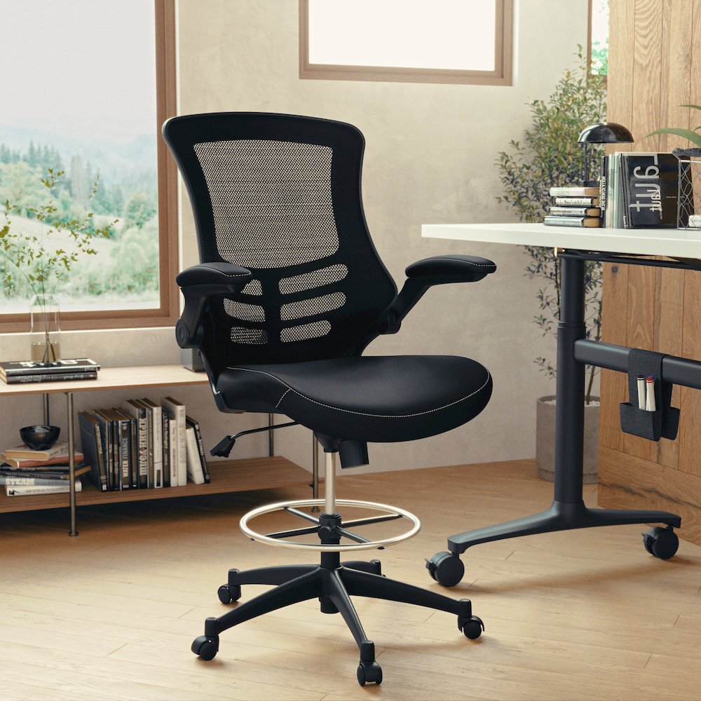 Mid-Back Black Mesh Ergonomic Drafting Chair with LeatherSoft Seat