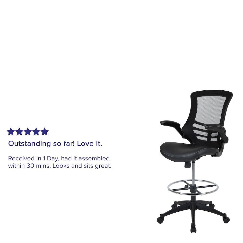 Mid-Back Black Mesh Ergonomic Drafting Chair with LeatherSoft Seat