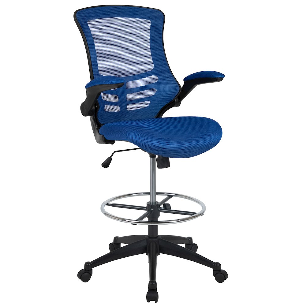 Mid-Back Blue Mesh Drafting Chair with Adjustable Foot Ring and Flip-Up Arms