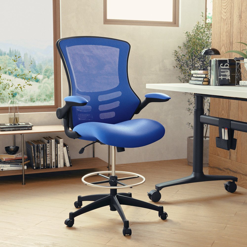 Mid-Back Blue Mesh Drafting Chair with Adjustable Foot Ring and Flip-Up Arms