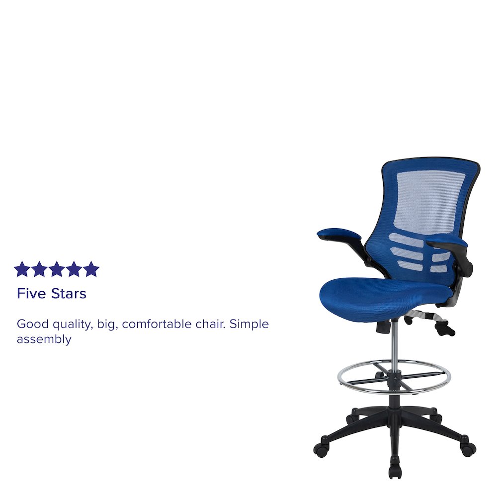 Mid-Back Blue Mesh Drafting Chair with Adjustable Foot Ring and Flip-Up Arms