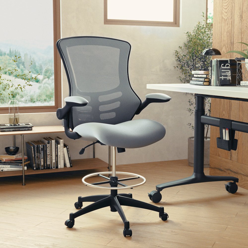 Mid-Back Dark Gray Mesh Drafting Chair with Adjustable Foot Ring