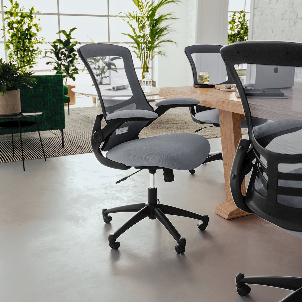 Mid-Back Dark Gray Mesh Swivel Ergonomic Task Office Chair with Flip-Up Arms