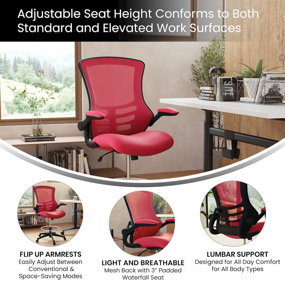 Mid-Back Red Mesh Drafting Chair with Adjustable Foot Ring and Flip-Up Arms