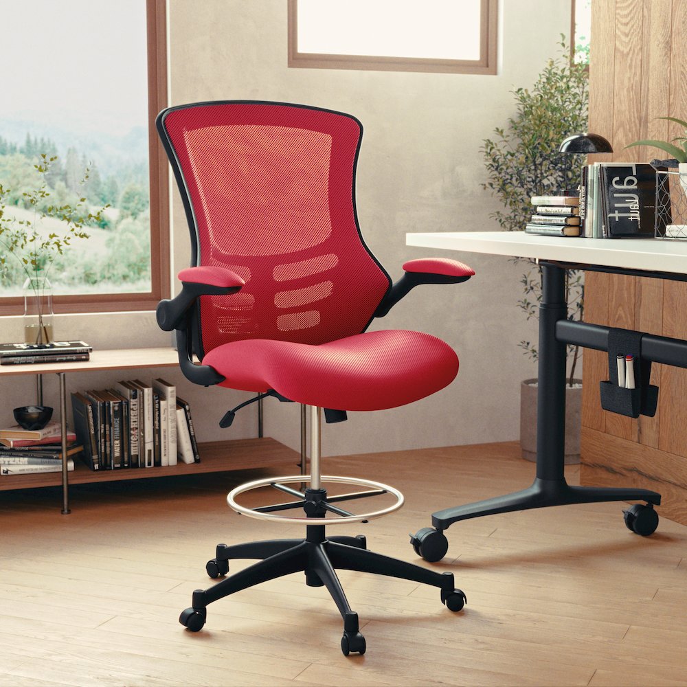 Mid-Back Red Mesh Drafting Chair with Adjustable Foot Ring and Flip-Up Arms