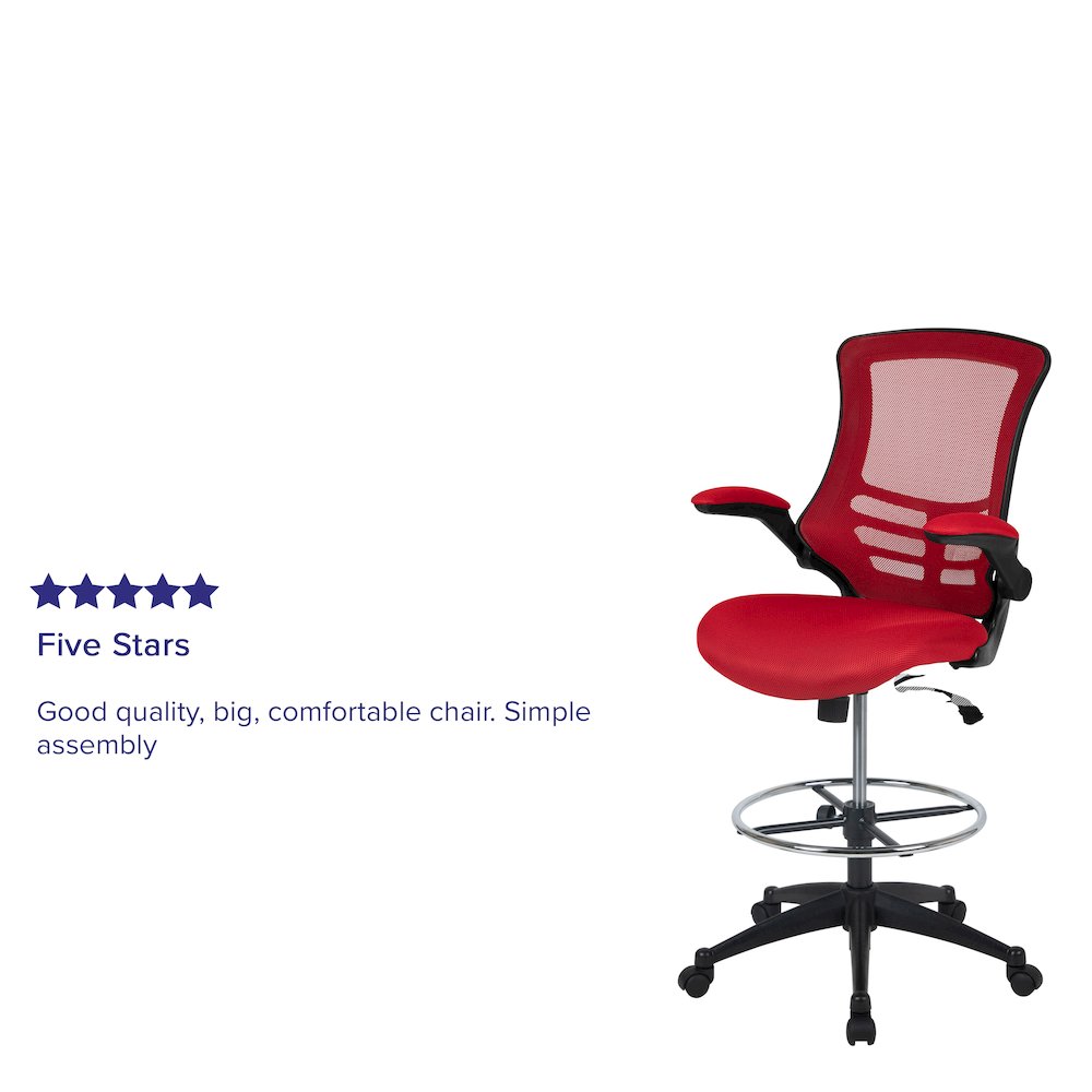 Mid-Back Red Mesh Drafting Chair with Adjustable Foot Ring and Flip-Up Arms