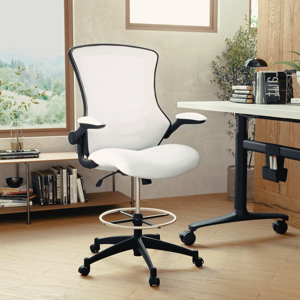 Mid-Back White Mesh Drafting Chair with Adjustable Foot Ring and Flip-Up Arms