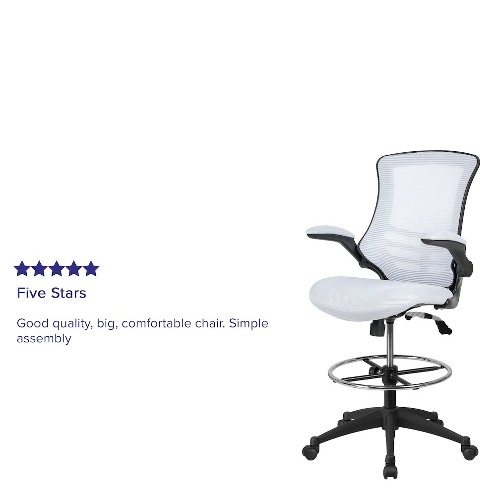 Mid-Back White Mesh Drafting Chair with Adjustable Foot Ring and Flip-Up Arms