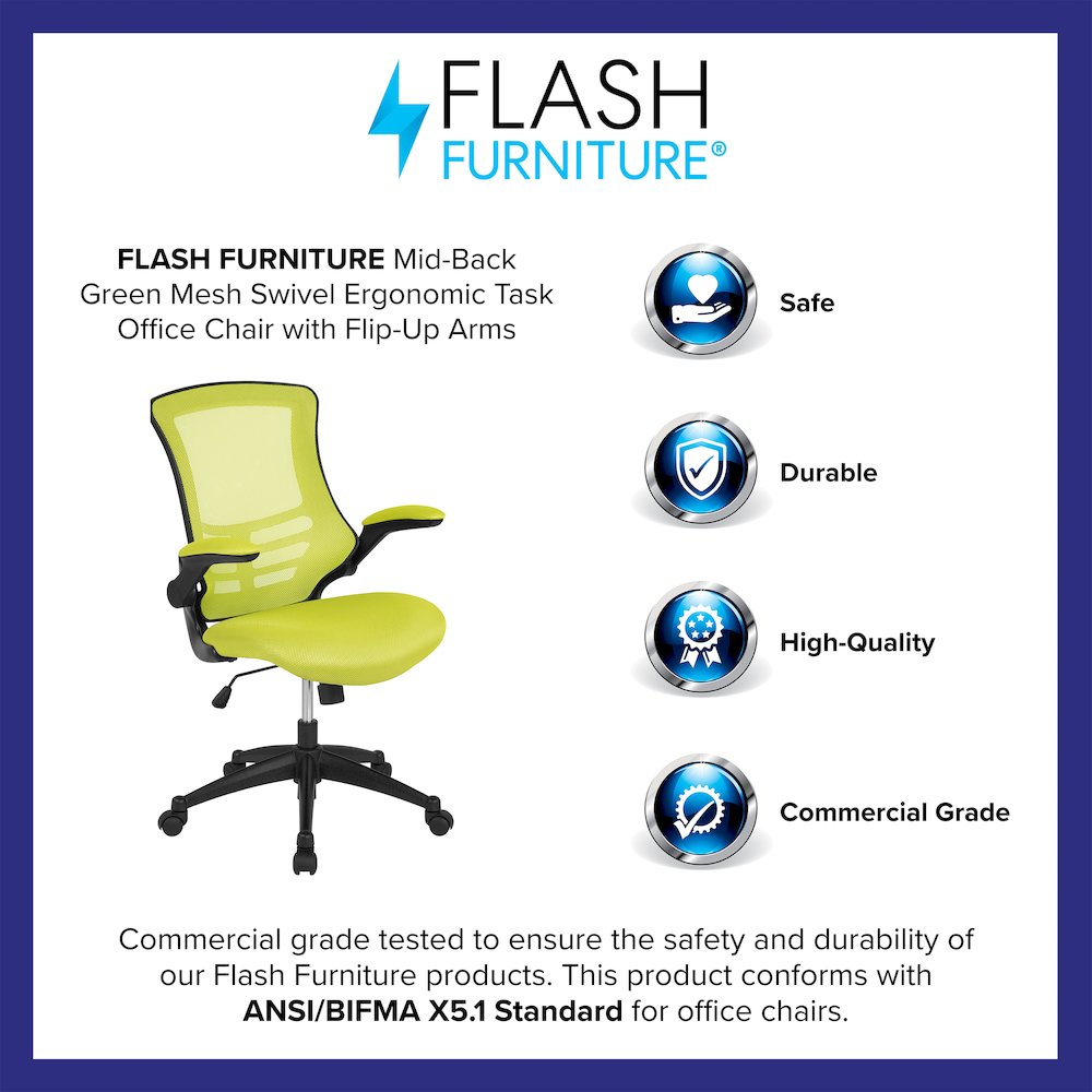 Mid-Back Green Mesh Swivel Ergonomic Task Office Chair with Flip-Up Arms