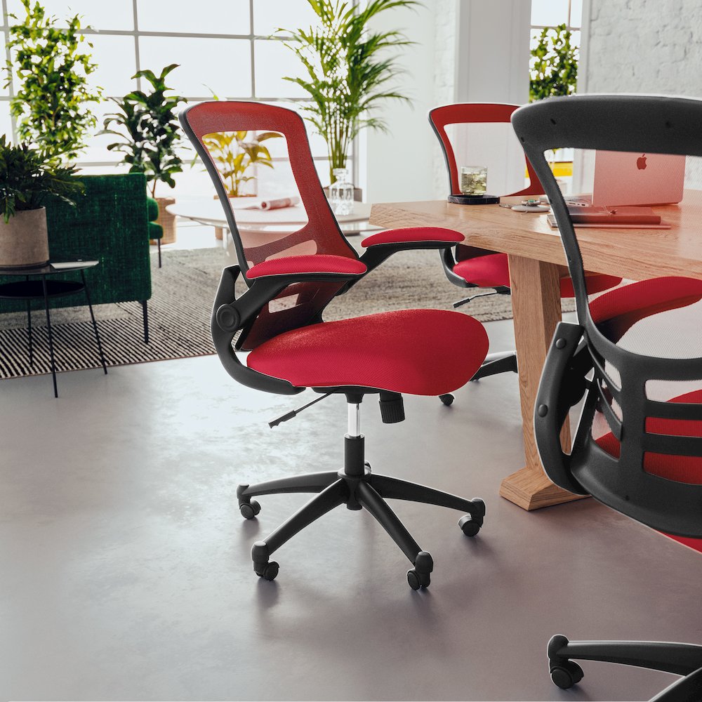 Mid-Back Red Mesh Swivel Ergonomic Task Office Chair with Flip-Up Arms