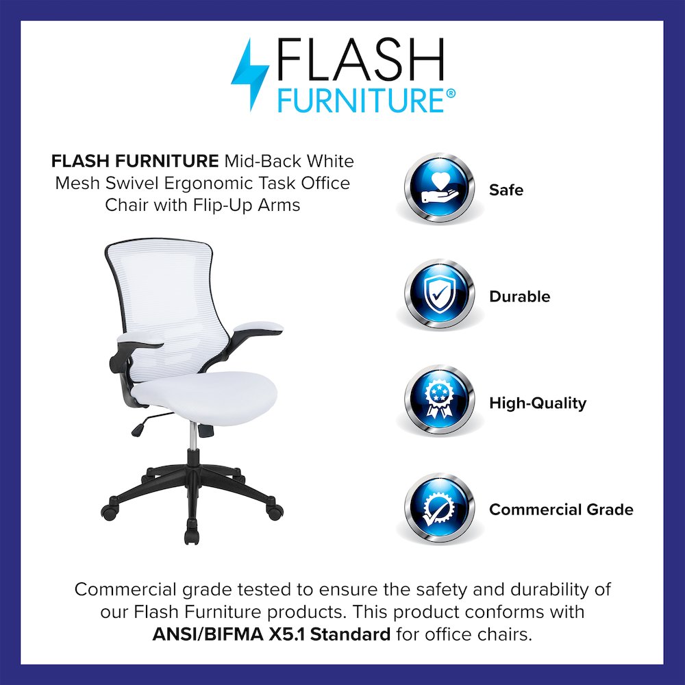 Mid-Back White Mesh Swivel Ergonomic Task Office Chair with Flip-Up Arms