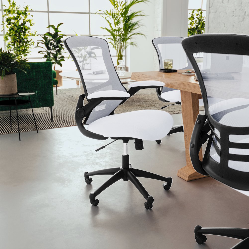 Mid-Back White Mesh Swivel Ergonomic Task Office Chair with Flip-Up Arms