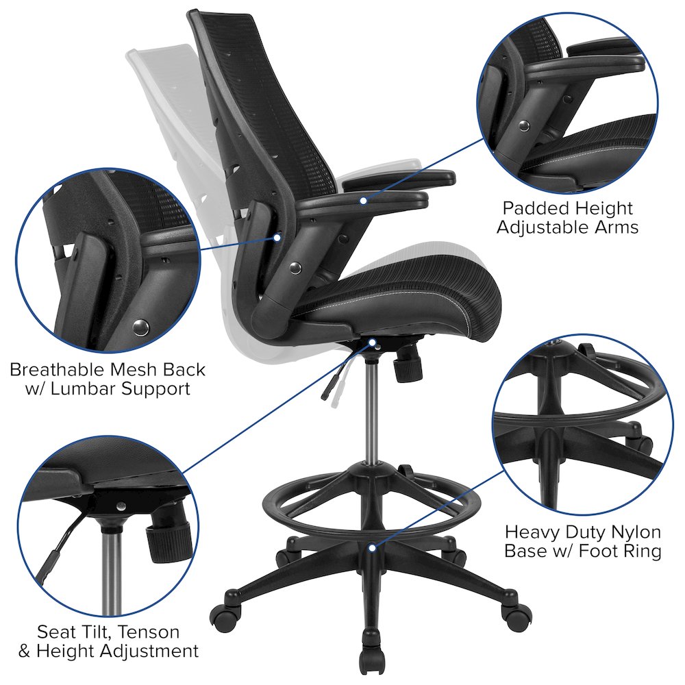 High Back Black Mesh Spine-Back Drafting Chair