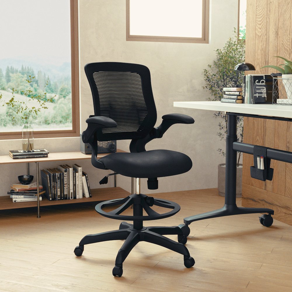 Mid-Back Black Mesh Drafting Chair with Adjustable Foot Ring and Flip-Up Arms