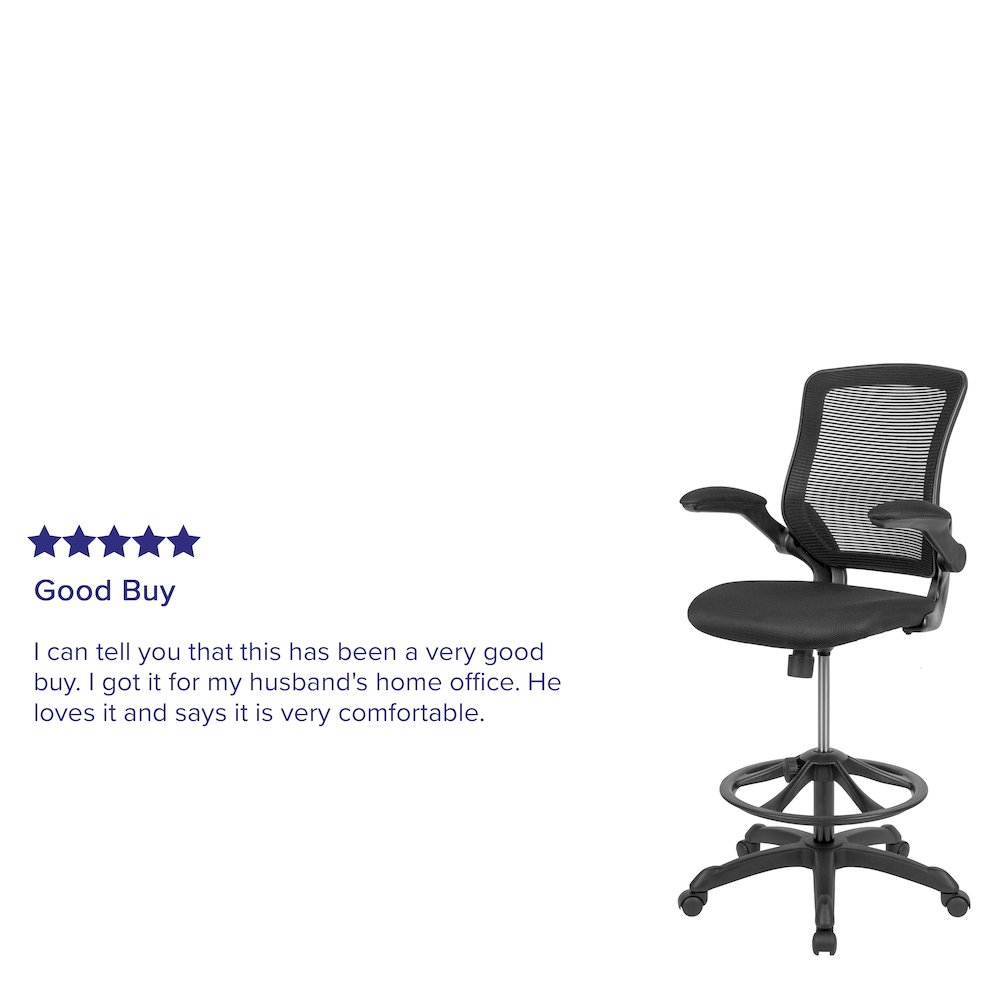 Mid-Back Black Mesh Drafting Chair with Adjustable Foot Ring and Flip-Up Arms