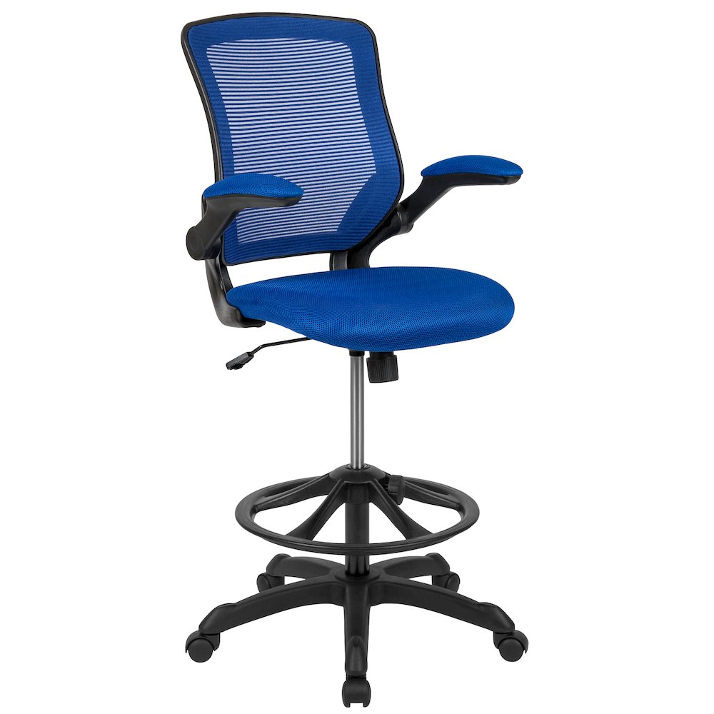 Mid-Back Blue Mesh Drafting Chair with Adjustable Foot Ring and Flip-Up Arms
