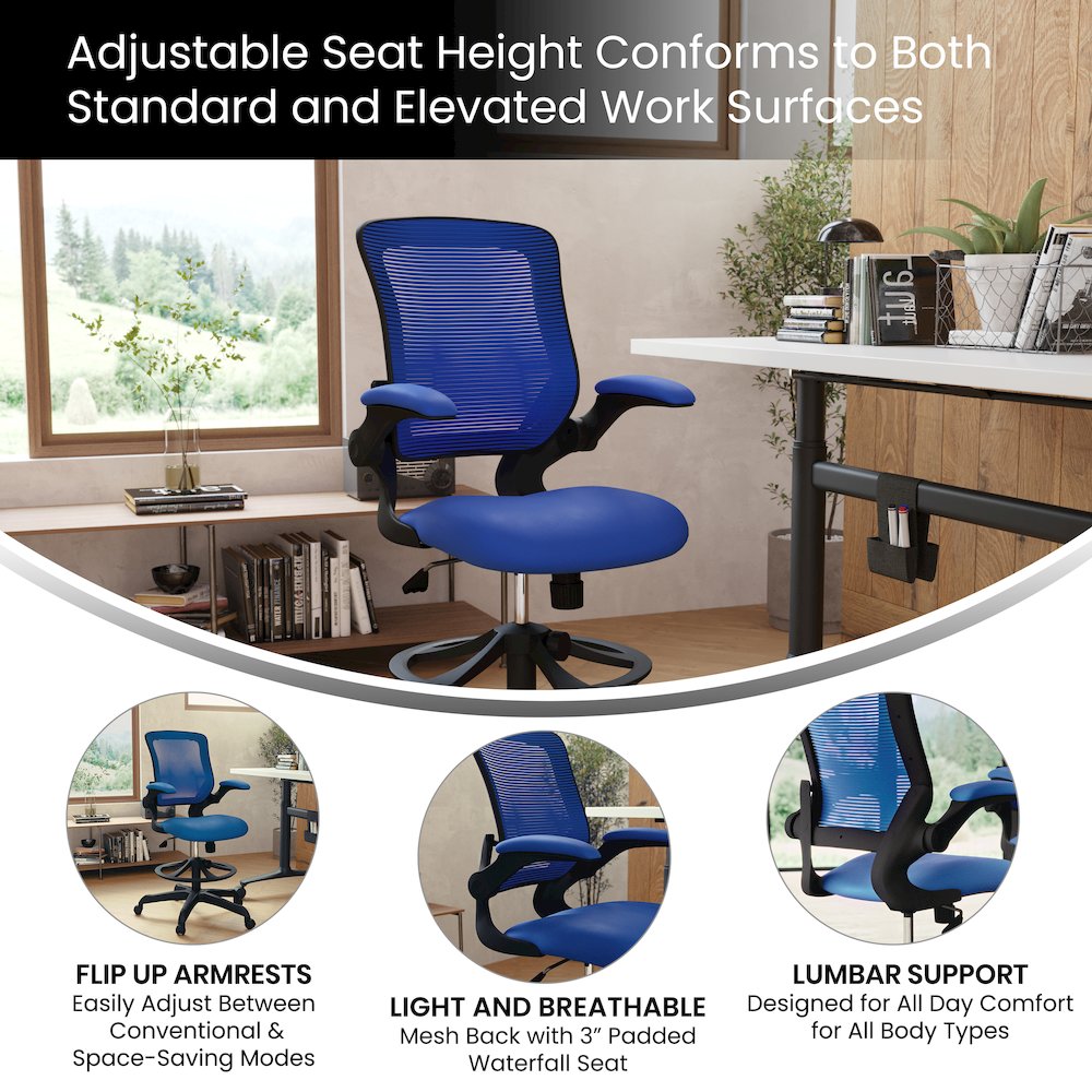 Mid-Back Blue Mesh Drafting Chair with Adjustable Foot Ring and Flip-Up Arms