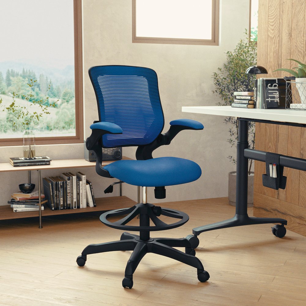 Mid-Back Blue Mesh Drafting Chair with Adjustable Foot Ring and Flip-Up Arms