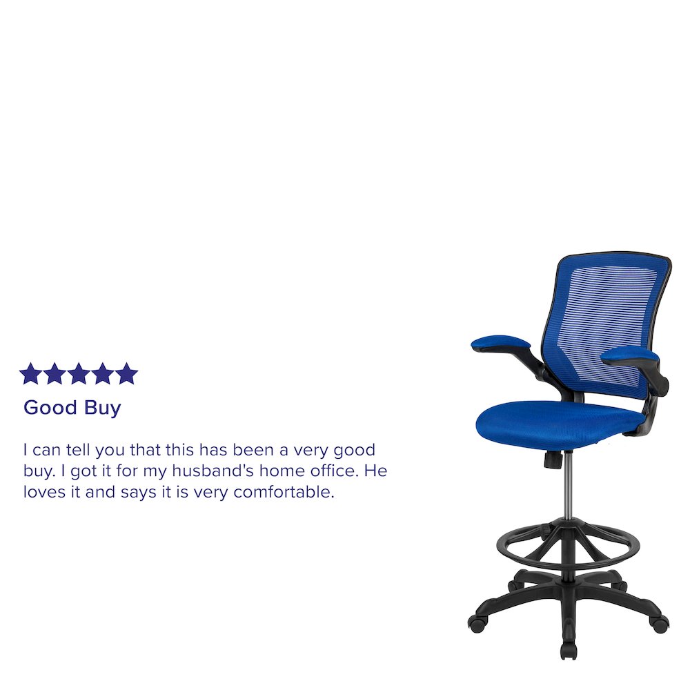 Mid-Back Blue Mesh Drafting Chair with Adjustable Foot Ring and Flip-Up Arms