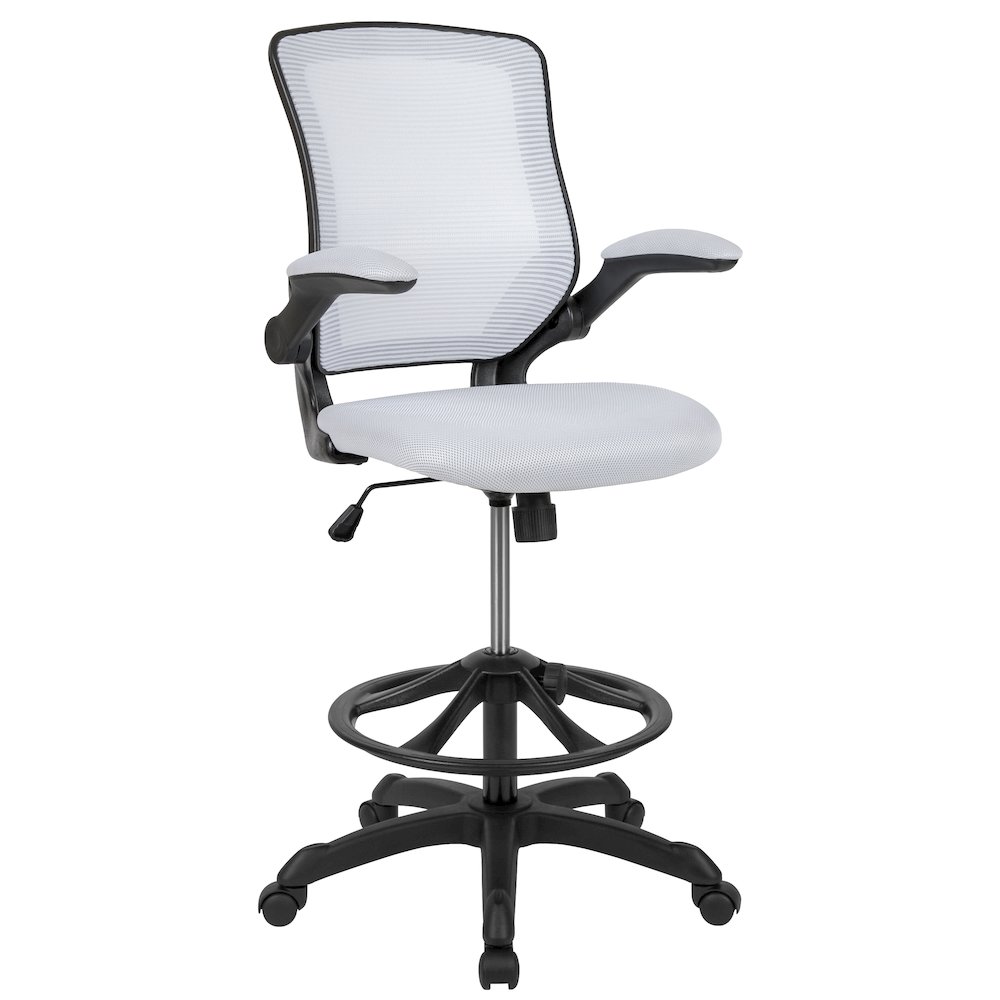 Mid-Back White Mesh Drafting Chair with Adjustable Foot Ring and Flip-Up Arms