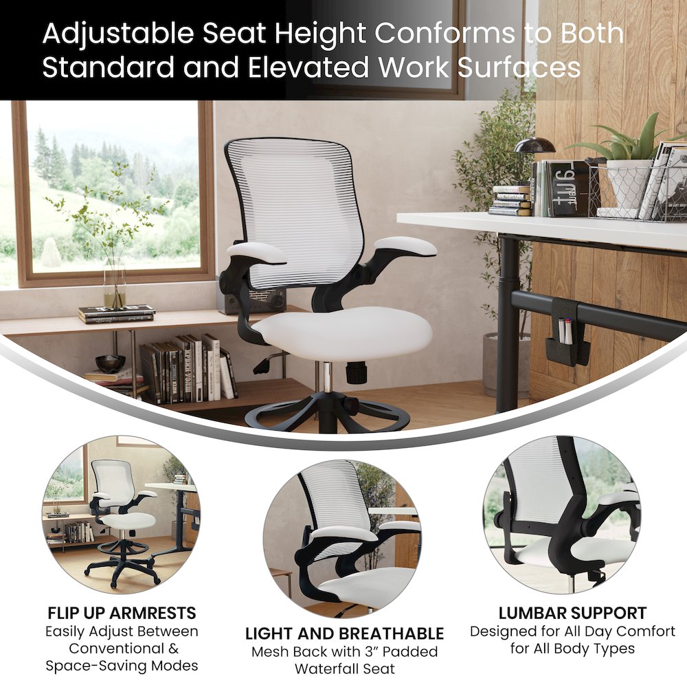 Mid-Back White Mesh Drafting Chair with Adjustable Foot Ring and Flip-Up Arms