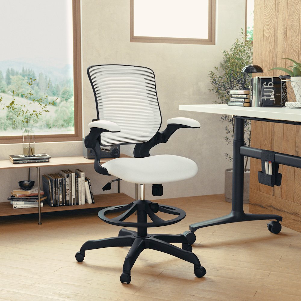 Mid-Back White Mesh Drafting Chair with Adjustable Foot Ring and Flip-Up Arms