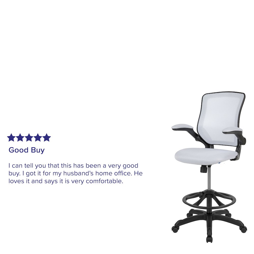 Mid-Back White Mesh Drafting Chair with Adjustable Foot Ring and Flip-Up Arms