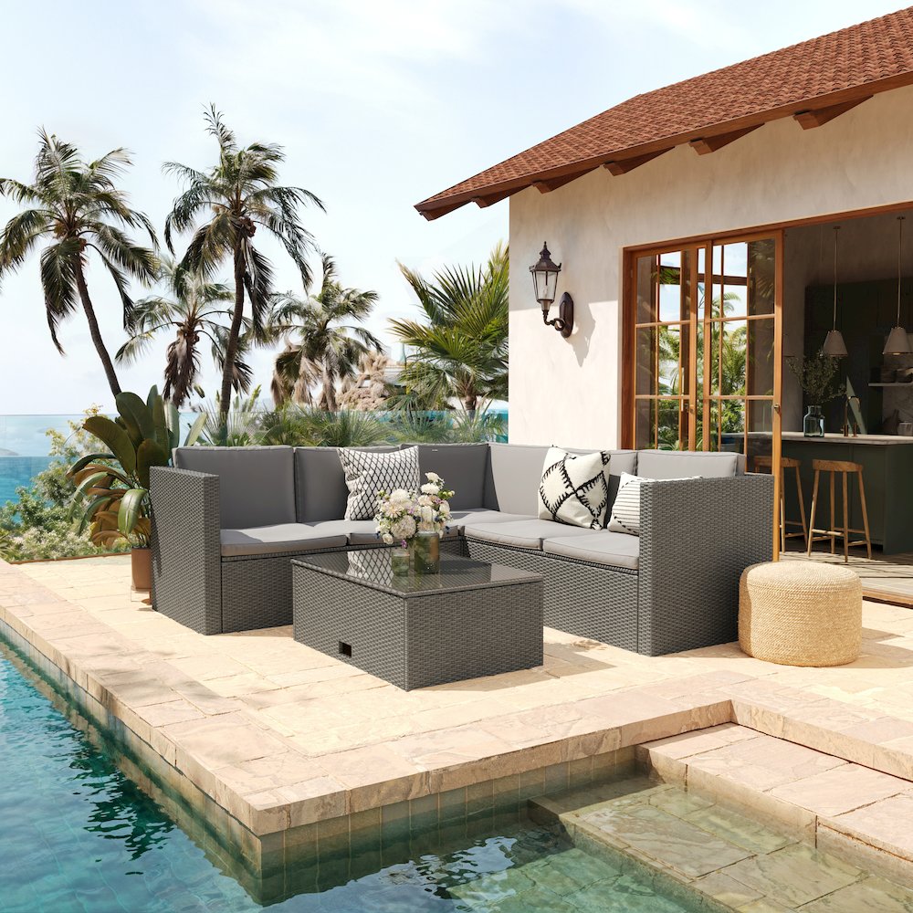 L-Shaped Sectional with Coffee Table in Gray Wicker PE Rattan