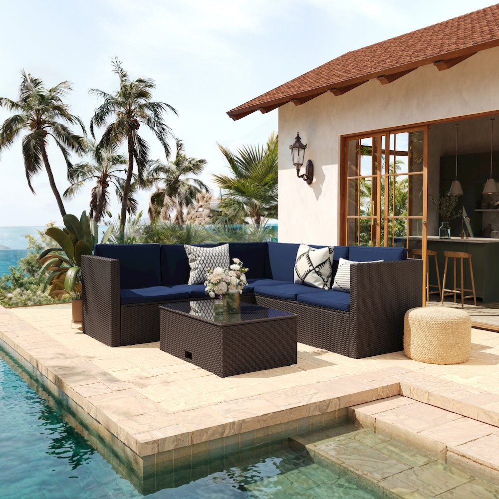 L-Shaped Sectional with Coffee Table in Brown Wicker PE Rattan