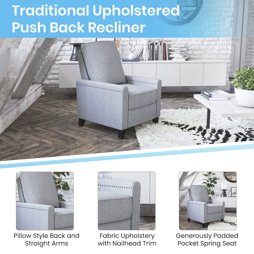 Push Back Recliner Chair – Pillow Back Recliner – Light Gray Fabric Upholstery