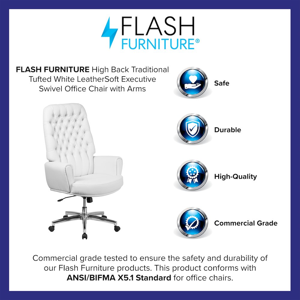 High Back White LeatherSoft Executive Swivel Office Chair with Arms
