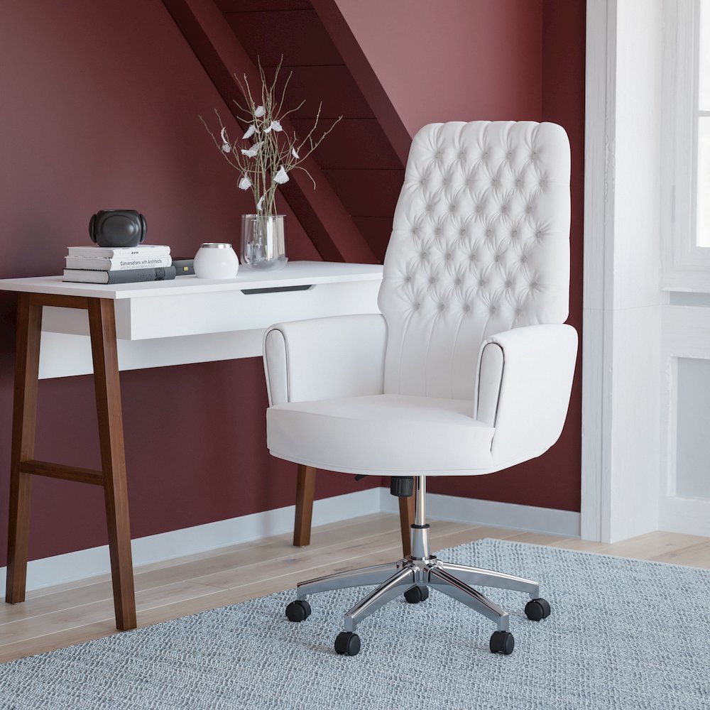 High Back White LeatherSoft Executive Swivel Office Chair with Arms