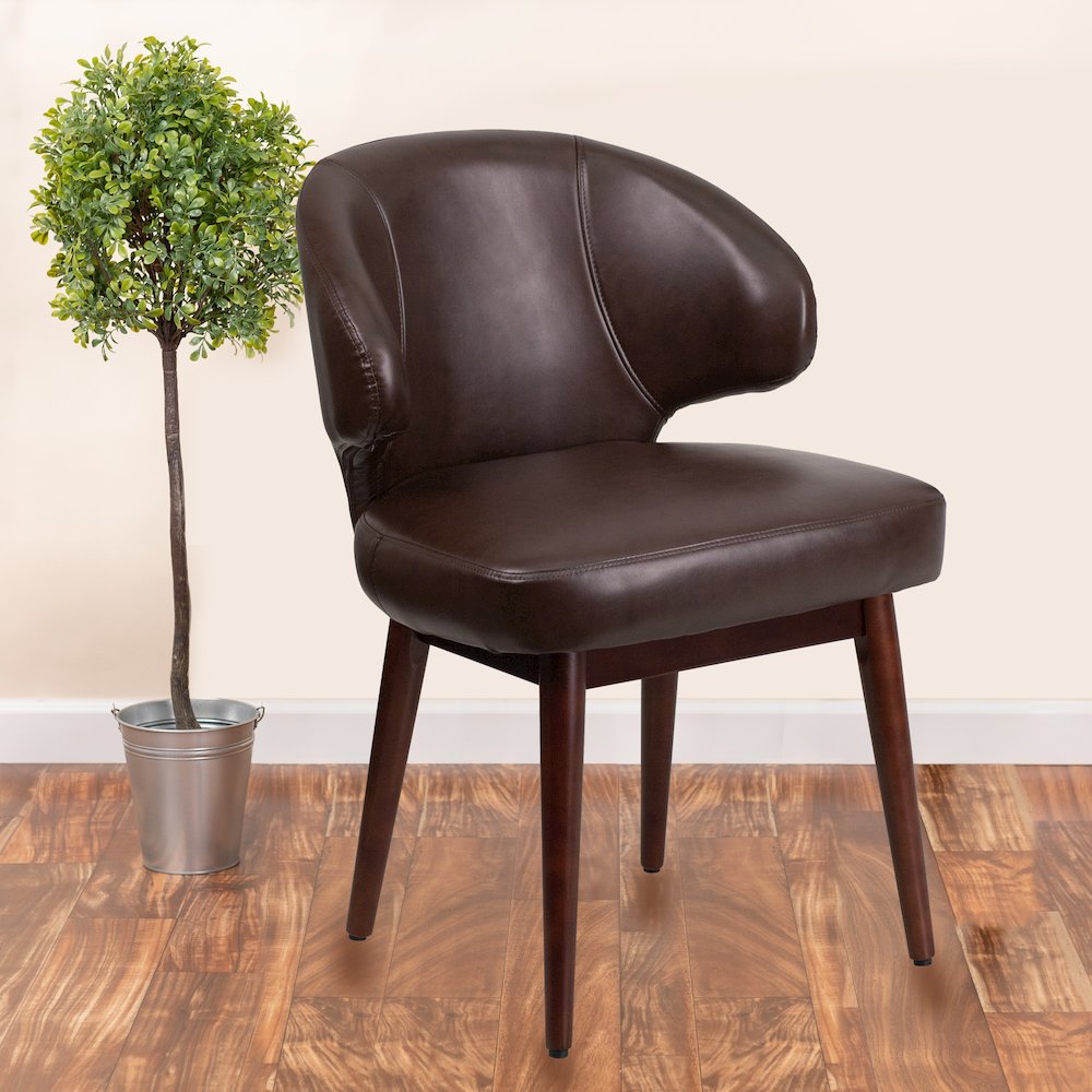 Comfort Back Brown LeatherSoft Side Reception Chair with Walnut Legs