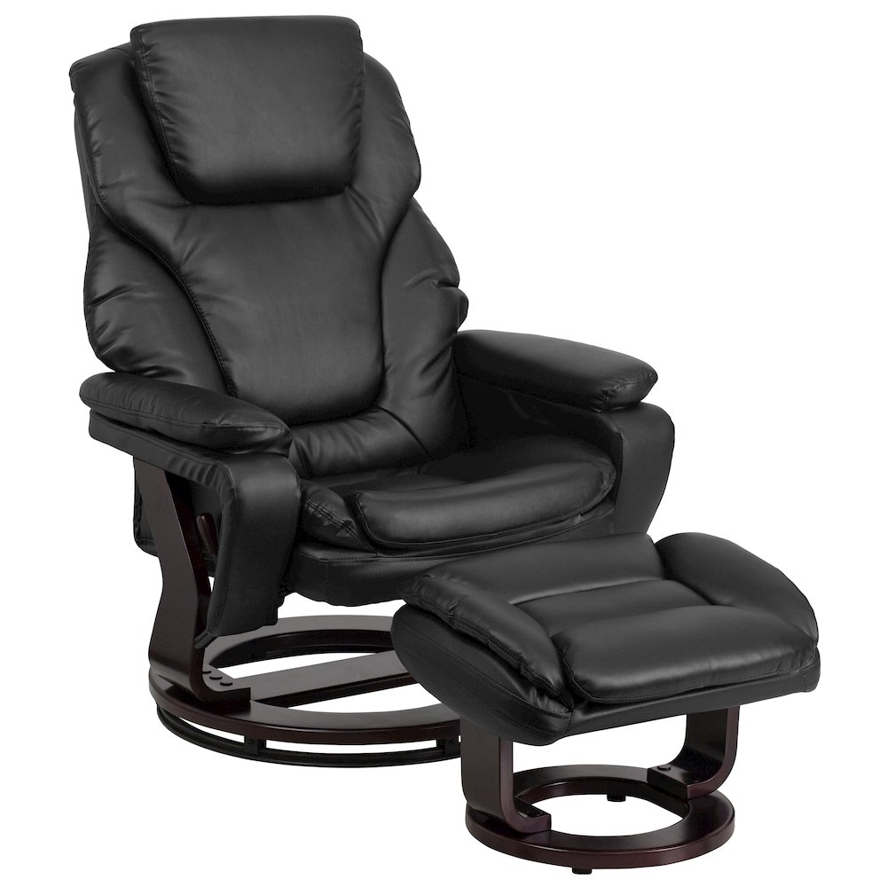 Recliner and Ottoman with Swivel Mahogany Wood Base in Black LeatherSoft