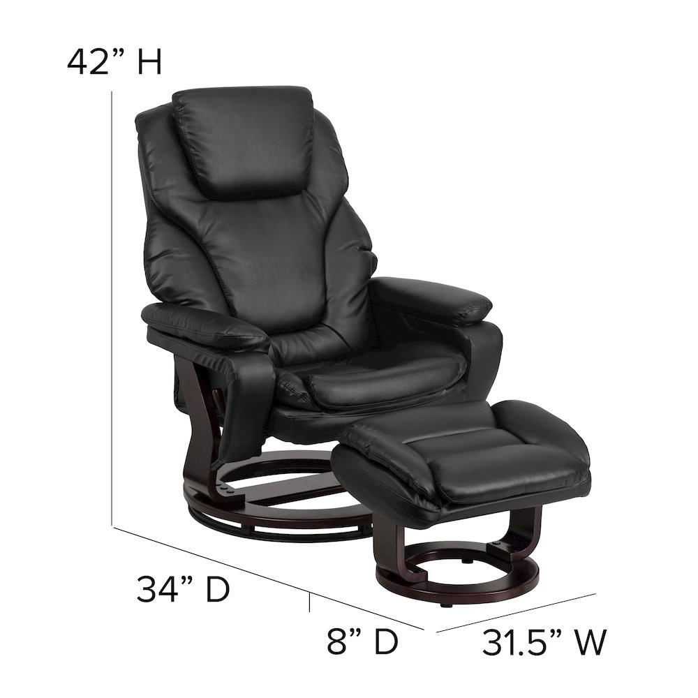 Recliner and Ottoman with Swivel Mahogany Wood Base in Black LeatherSoft