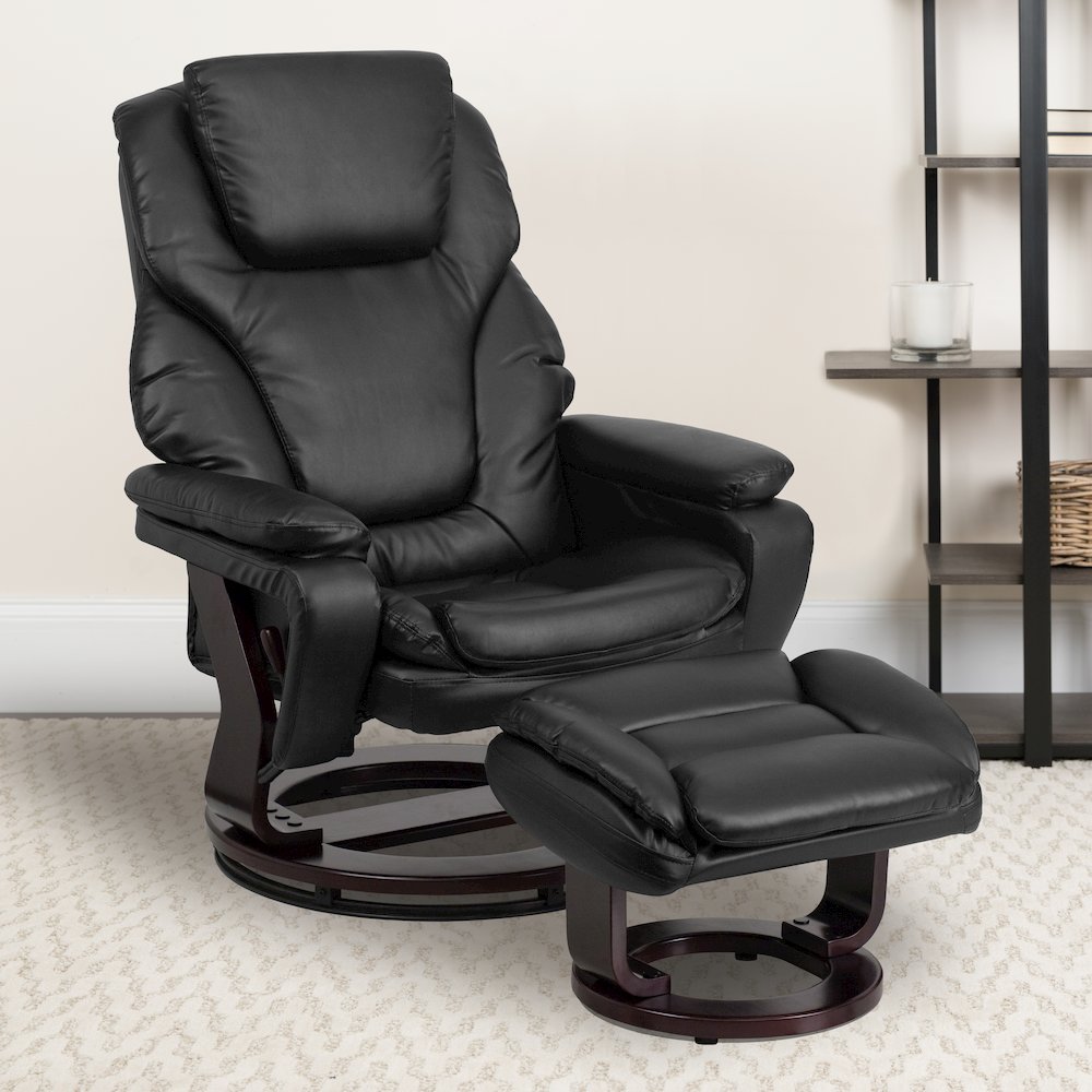 Recliner and Ottoman with Swivel Mahogany Wood Base in Black LeatherSoft