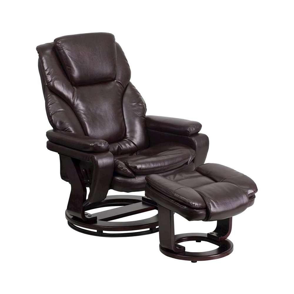 Recliner and Ottoman with Swivel Mahogany Wood Base in Brown LeatherSoft