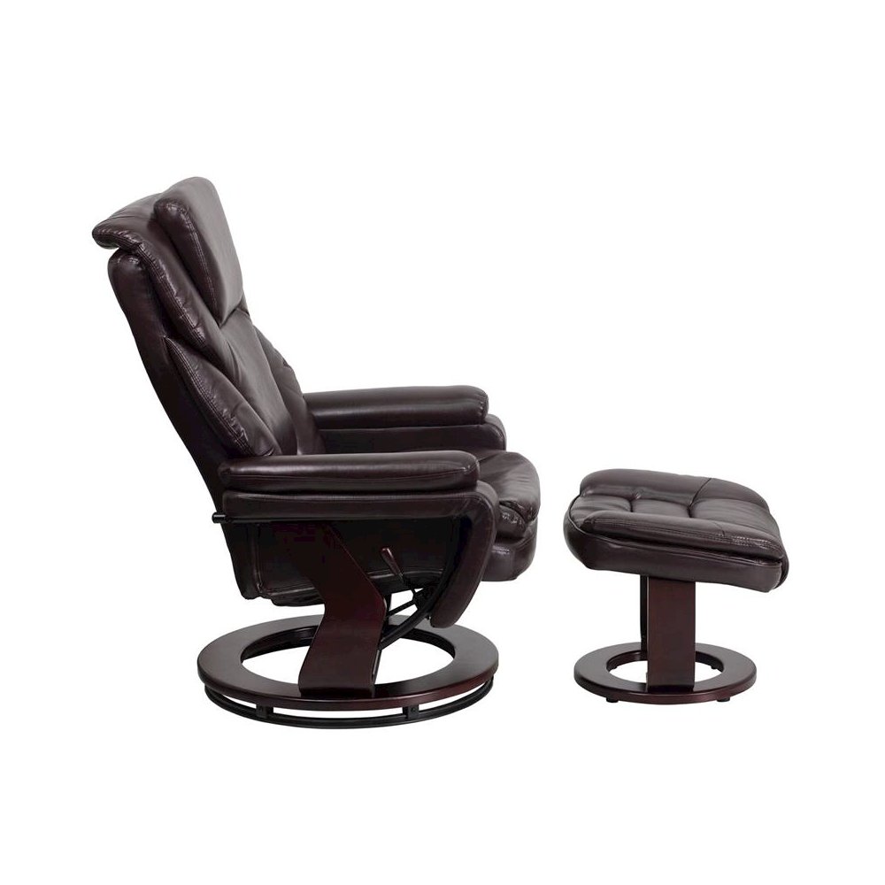 Recliner and Ottoman with Swivel Mahogany Wood Base in Brown LeatherSoft