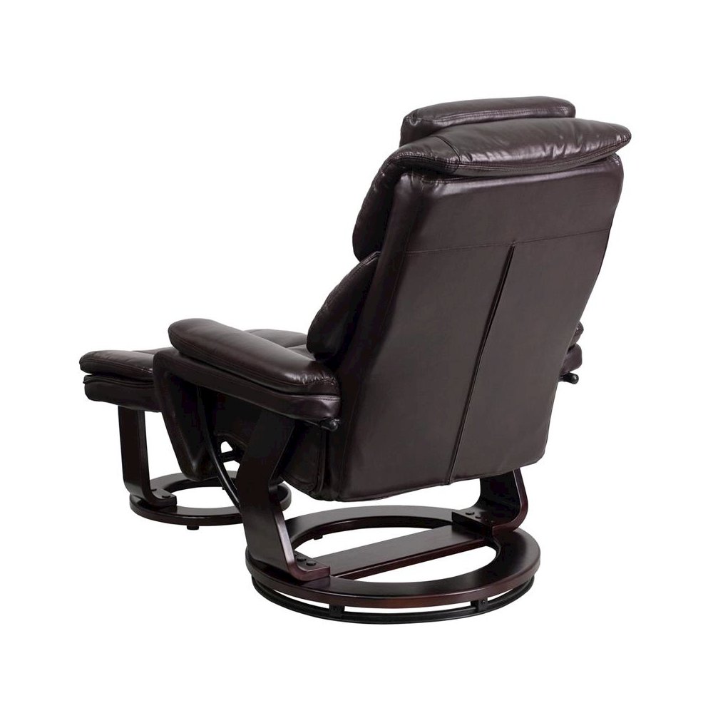 Recliner and Ottoman with Swivel Mahogany Wood Base in Brown LeatherSoft