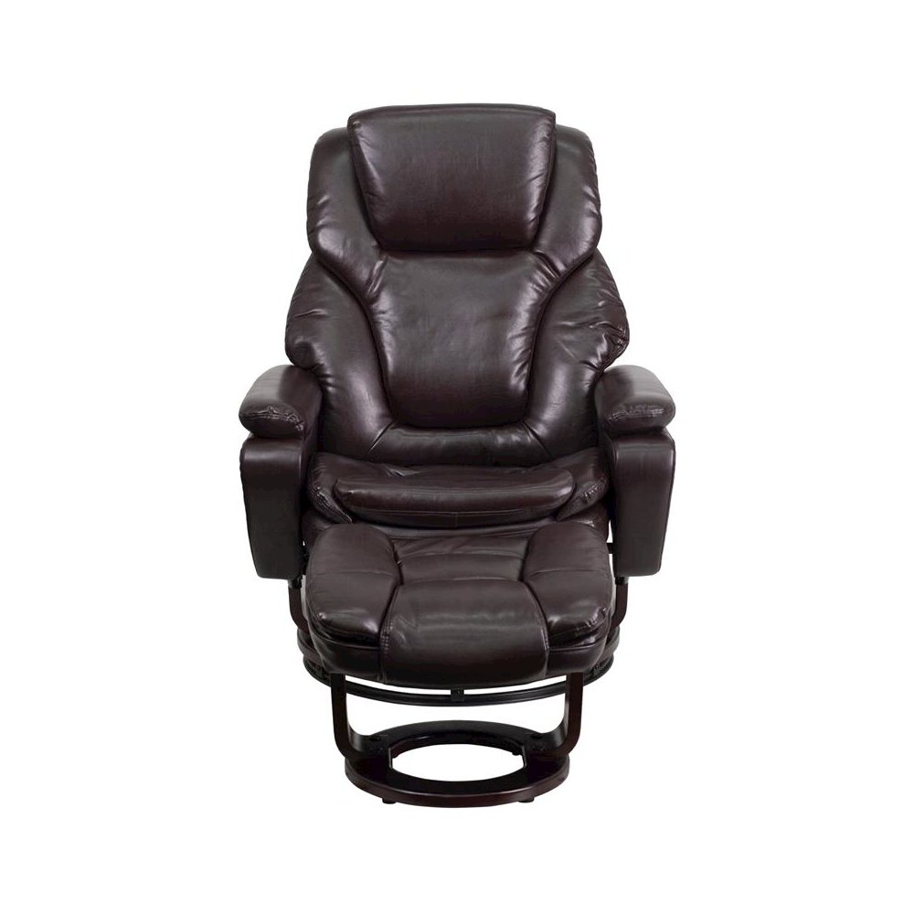 Recliner and Ottoman with Swivel Mahogany Wood Base in Brown LeatherSoft