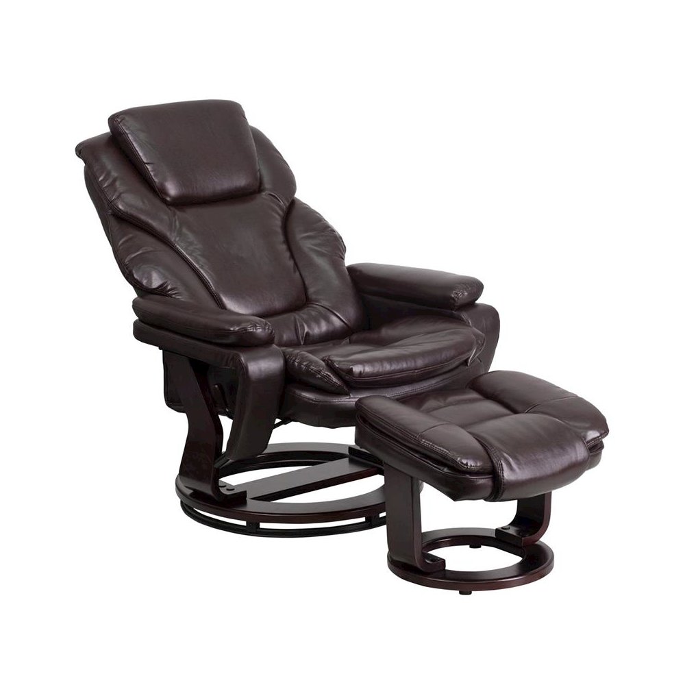 Recliner and Ottoman with Swivel Mahogany Wood Base in Brown LeatherSoft