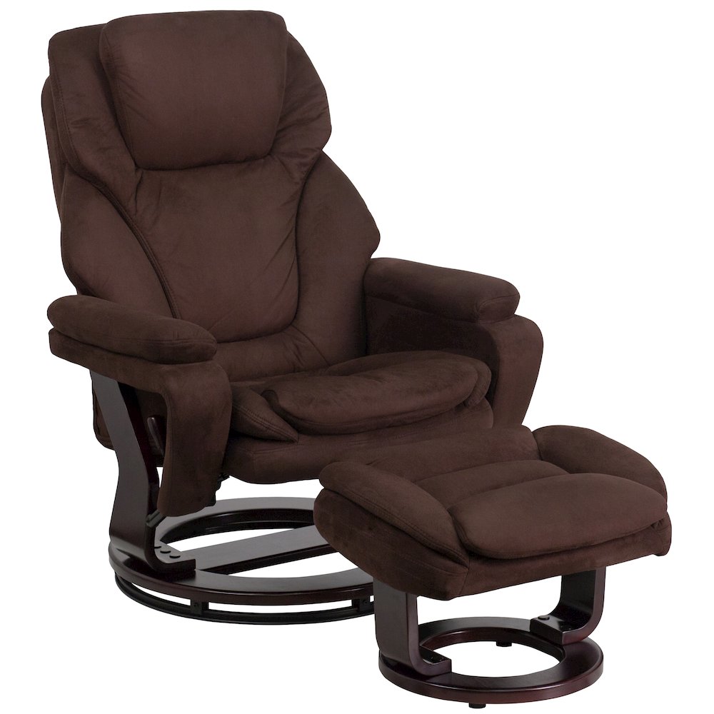 Recliner and Ottoman with Swivel Mahogany Wood Base in Brown Microfiber
