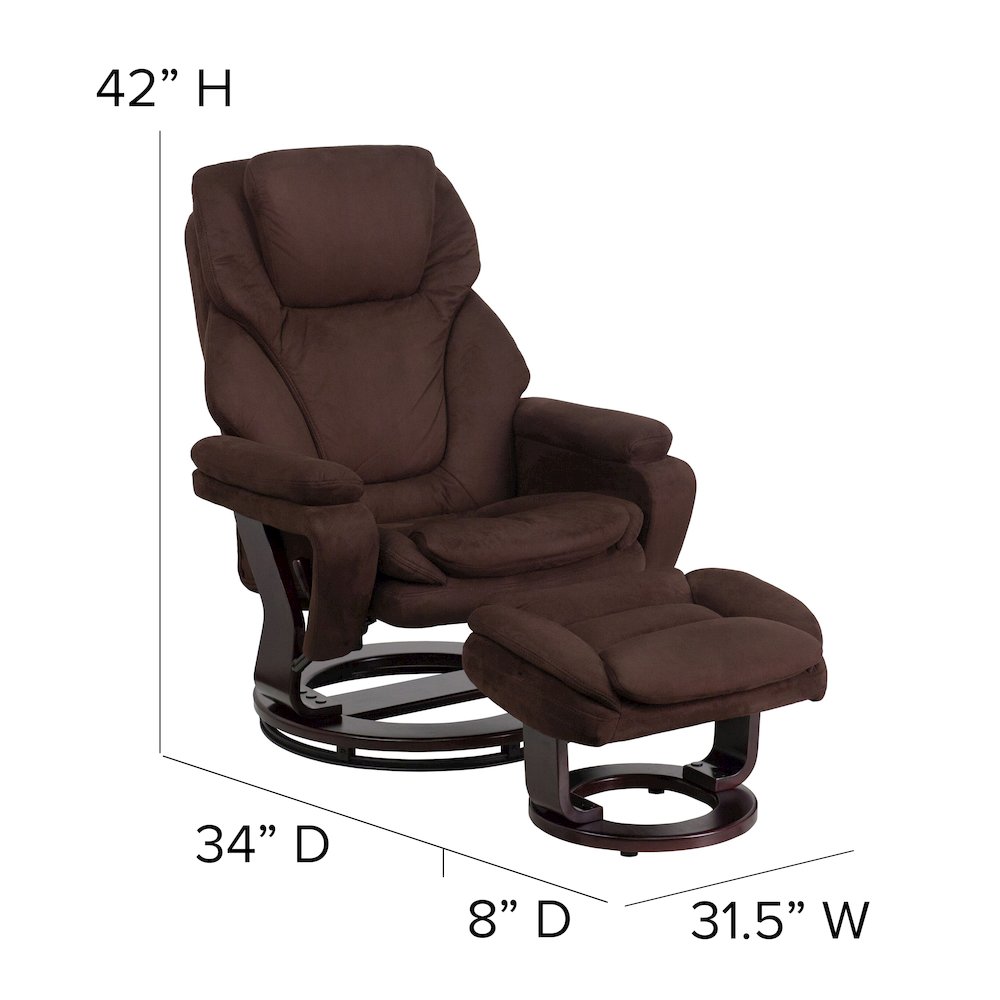 Recliner and Ottoman with Swivel Mahogany Wood Base in Brown Microfiber