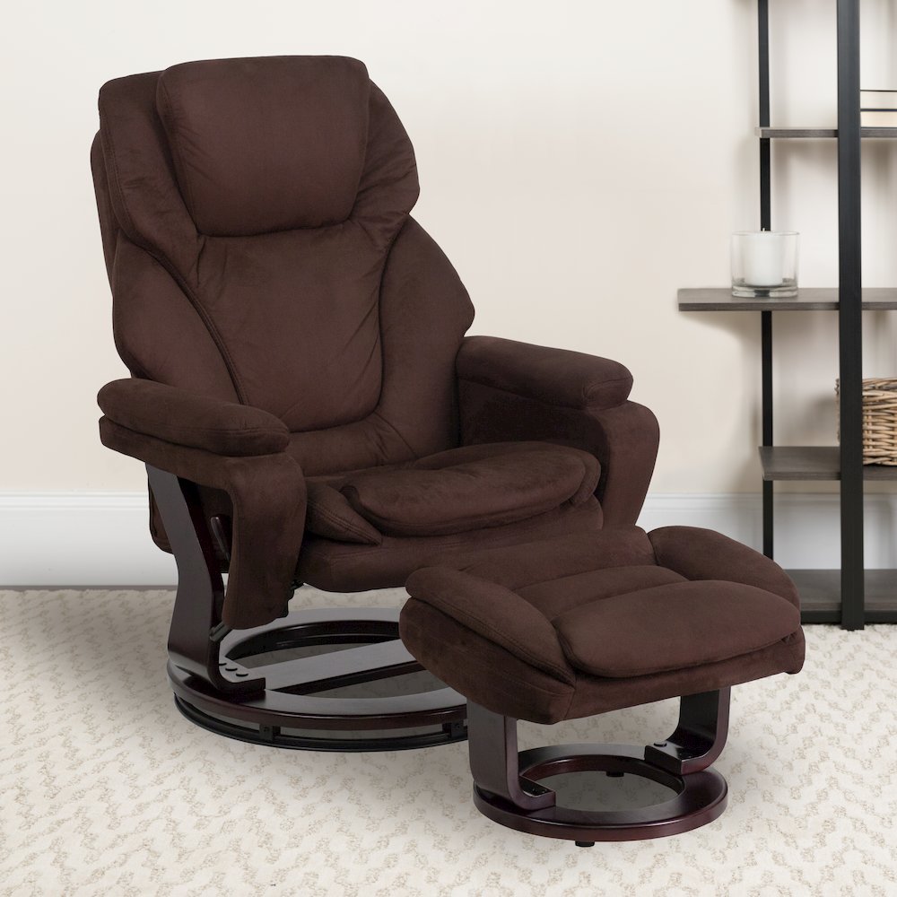 Recliner and Ottoman with Swivel Mahogany Wood Base in Brown Microfiber