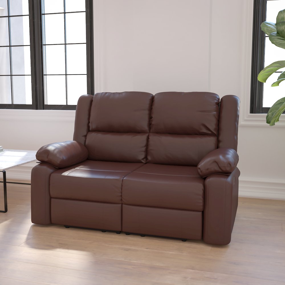 Brown LeatherSoft Loveseat with Two Built-In Recliners
