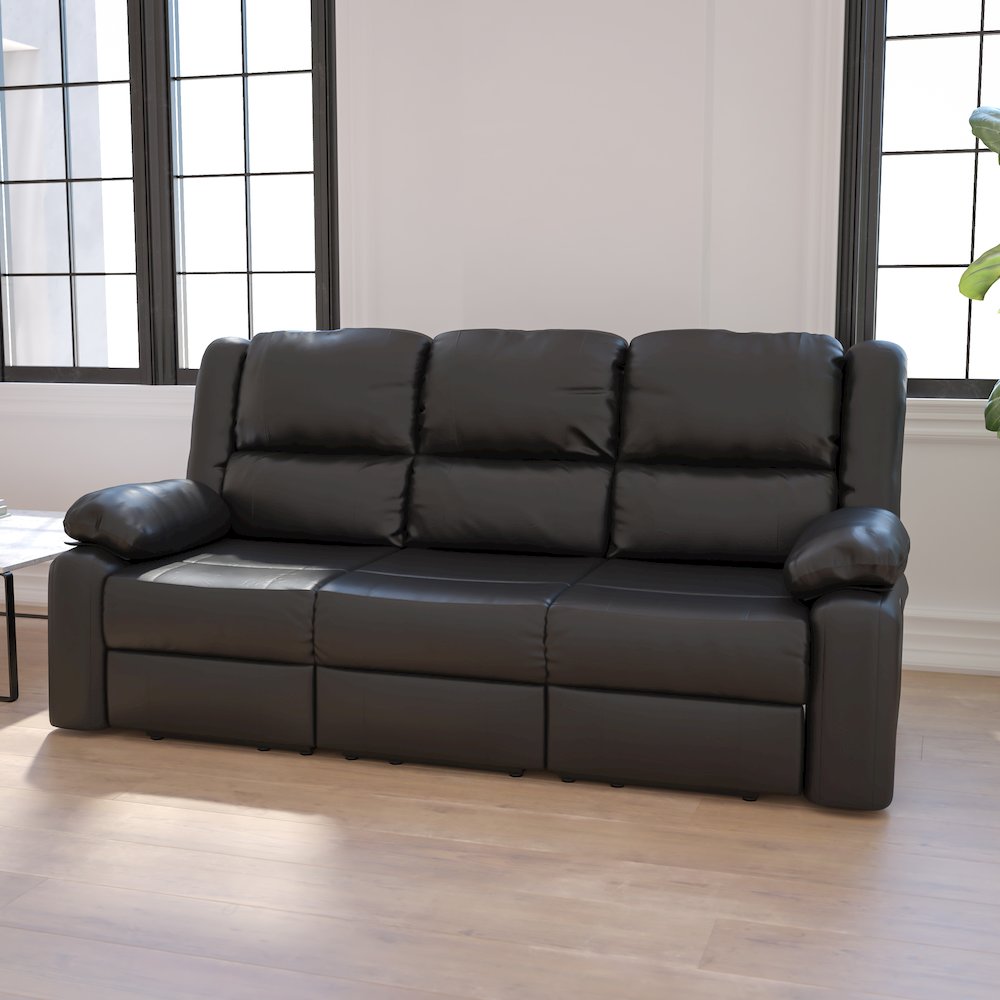 Black LeatherSoft Sofa with Two Built-In Recliners