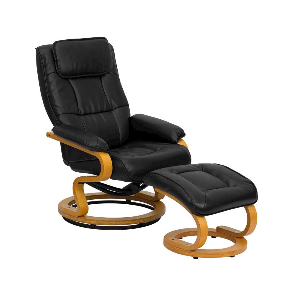 Adjustable Recliner and Ottoman with Swivel Maple Wood Base in Black LeatherSoft