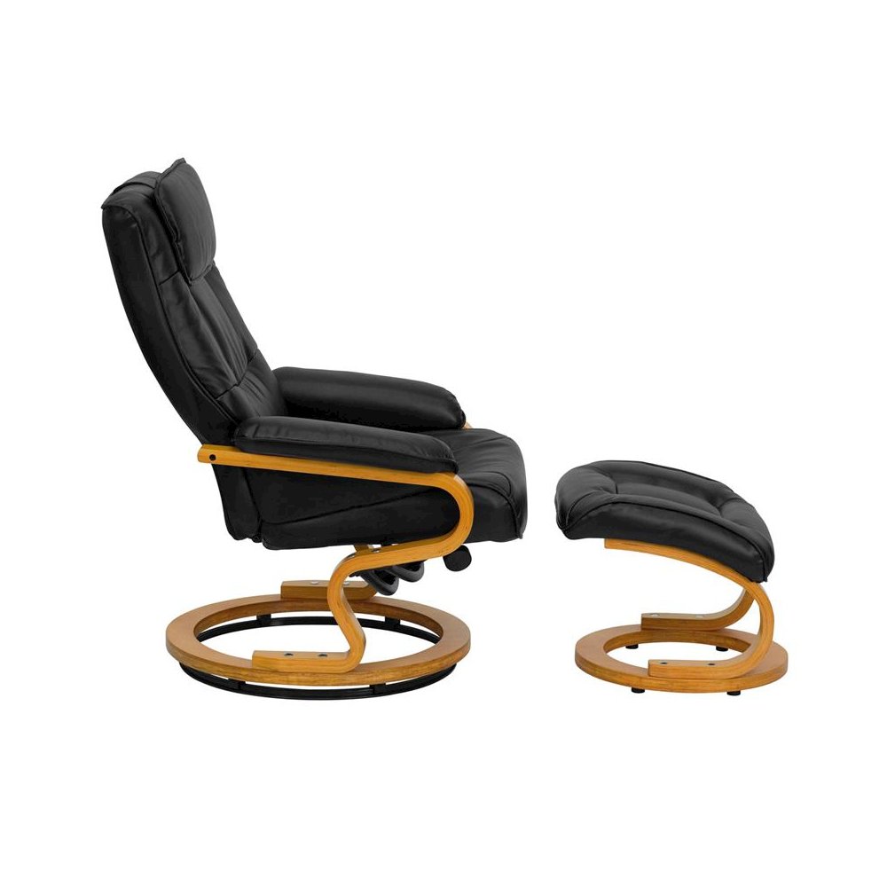 Adjustable Recliner and Ottoman with Swivel Maple Wood Base in Black LeatherSoft