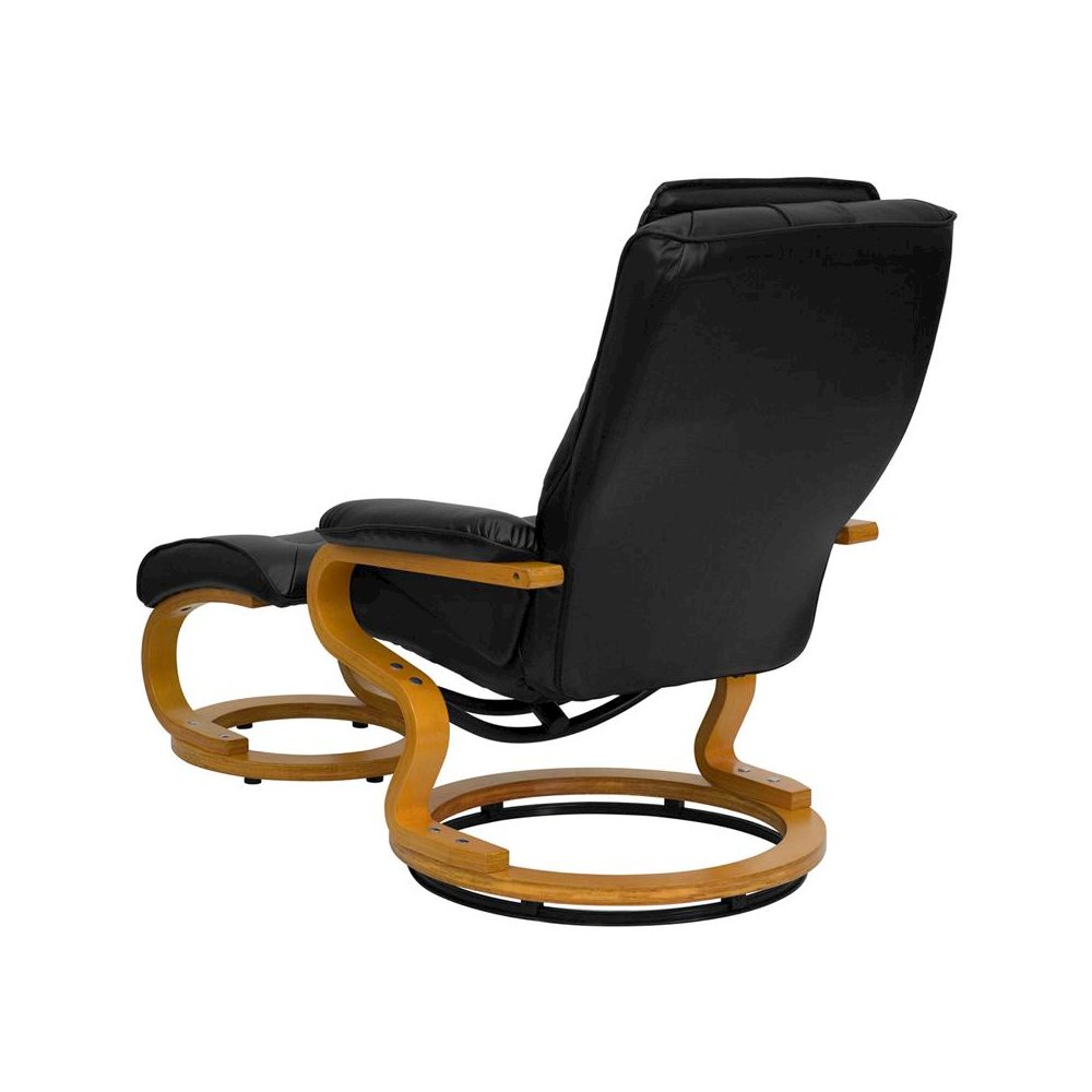 Adjustable Recliner and Ottoman with Swivel Maple Wood Base in Black LeatherSoft