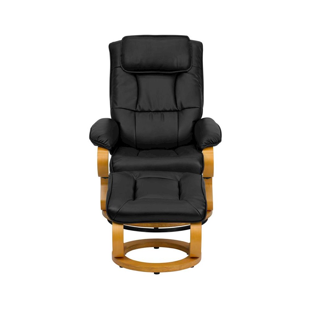 Adjustable Recliner and Ottoman with Swivel Maple Wood Base in Black LeatherSoft